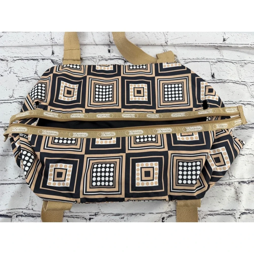 LeSportsac‎ Geometric Square Print Nylon Shoulder Bag Tan Black Cream Satchel